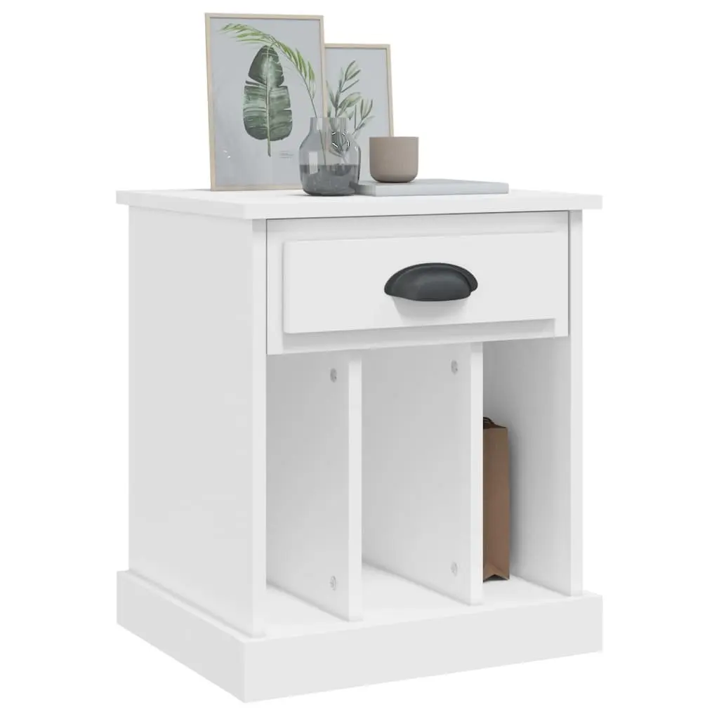 White Bedside Table Engineered Wood 43x36x50 cm Drawer and Open Compartments Storage Nightstand