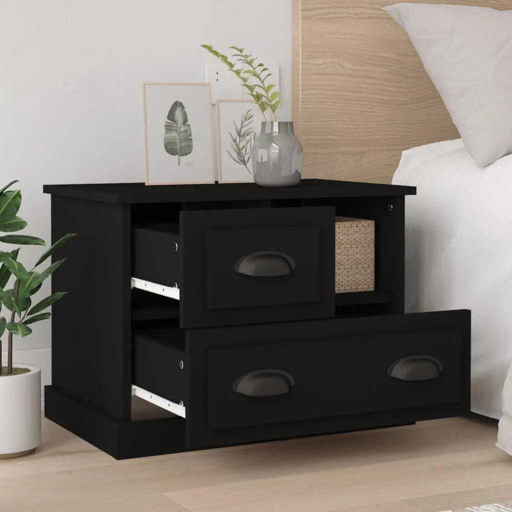 Bedside Table Black 60x39x45 Engineered Wood with 2 Drawers and Compartment