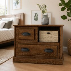 Brown Oak Bedside Cabinet with Drawers