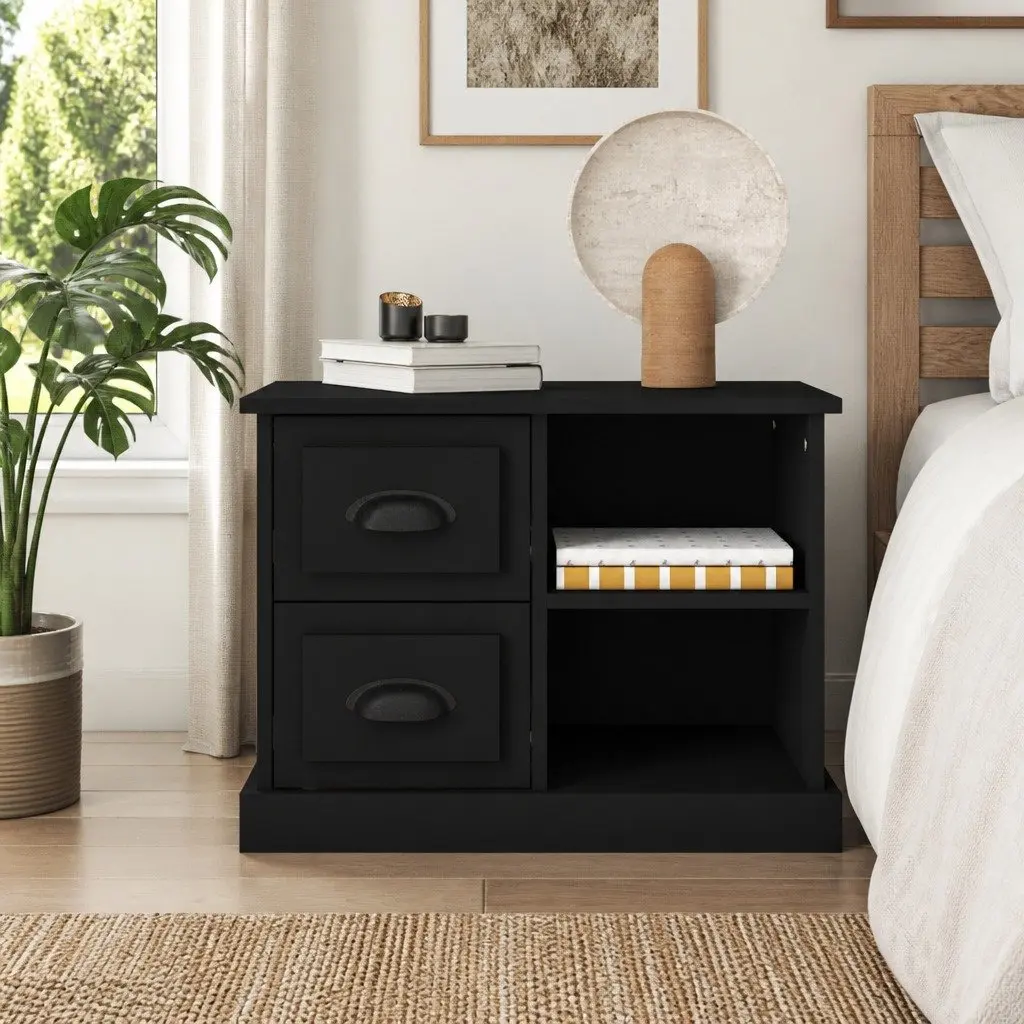 Black Nightstand Table with 2 Drawers Engineered Wood Bedroom Cabinet 60x35.5x45cm Storage