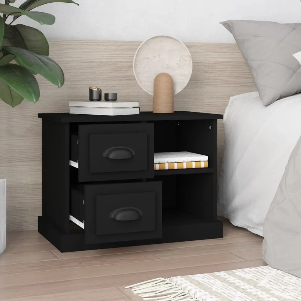 Black Nightstand Table with 2 Drawers Engineered Wood Bedroom Cabinet 60x35.5x45cm Storage