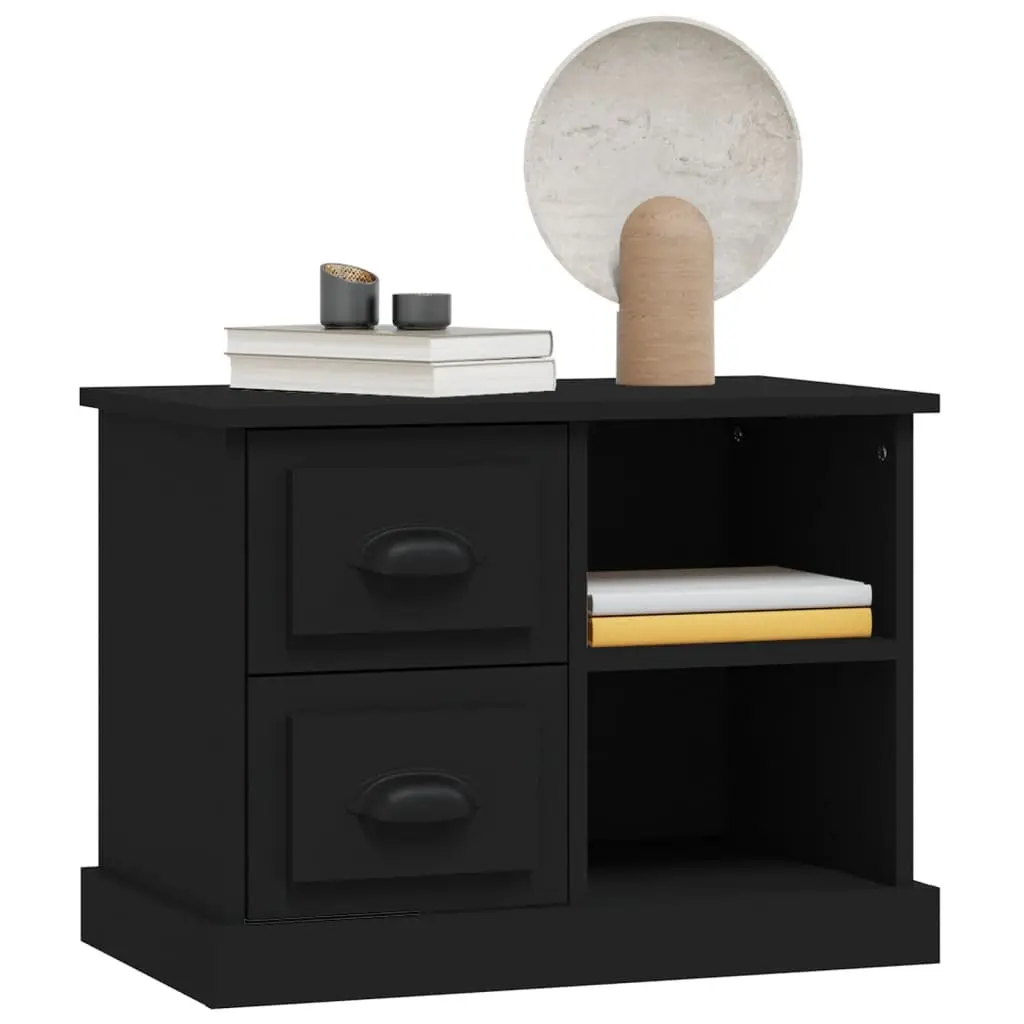 Black Nightstand Table with 2 Drawers Engineered Wood Bedroom Cabinet 60x35.5x45cm Storage