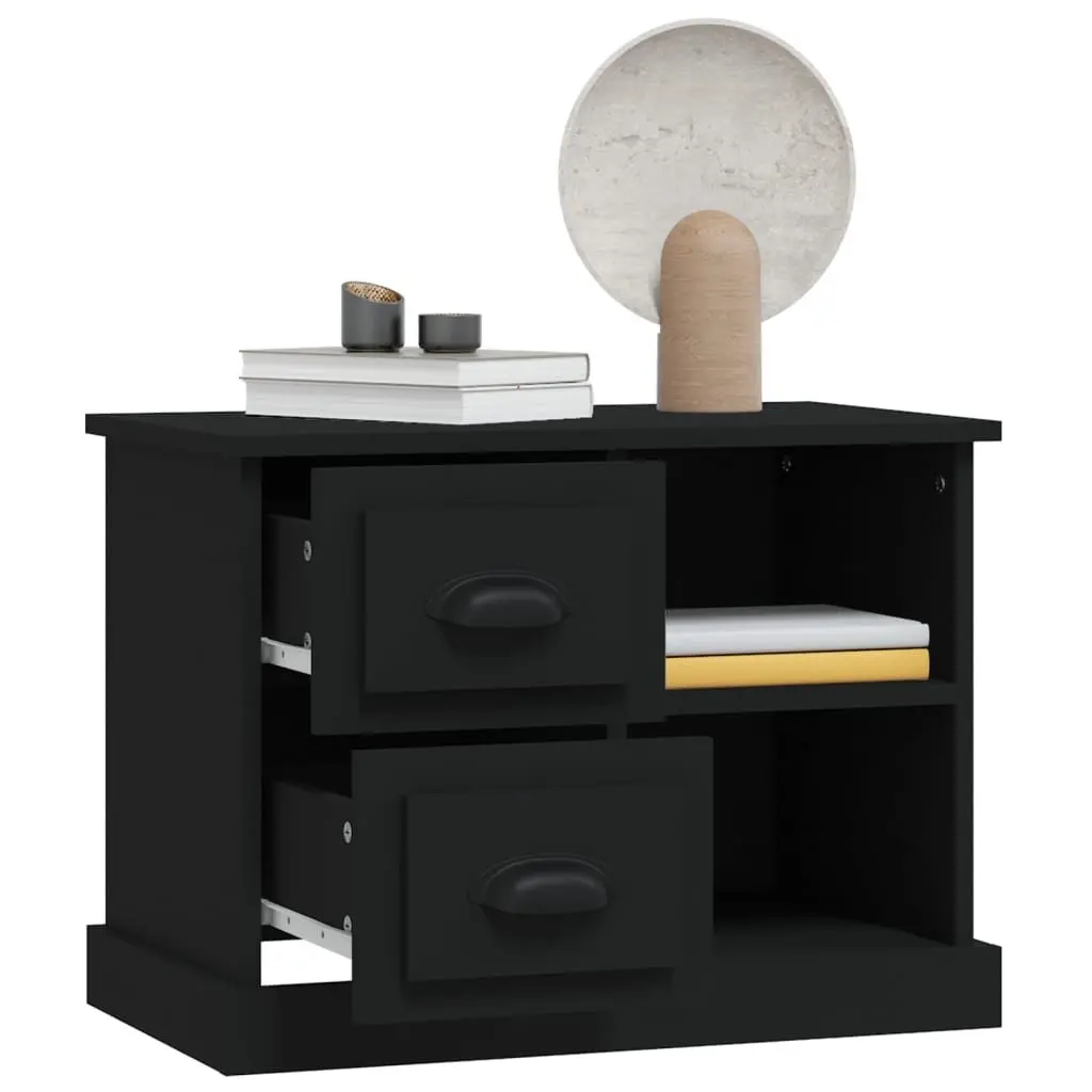Black Nightstand Table with 2 Drawers Engineered Wood Bedroom Cabinet 60x35.5x45cm Storage