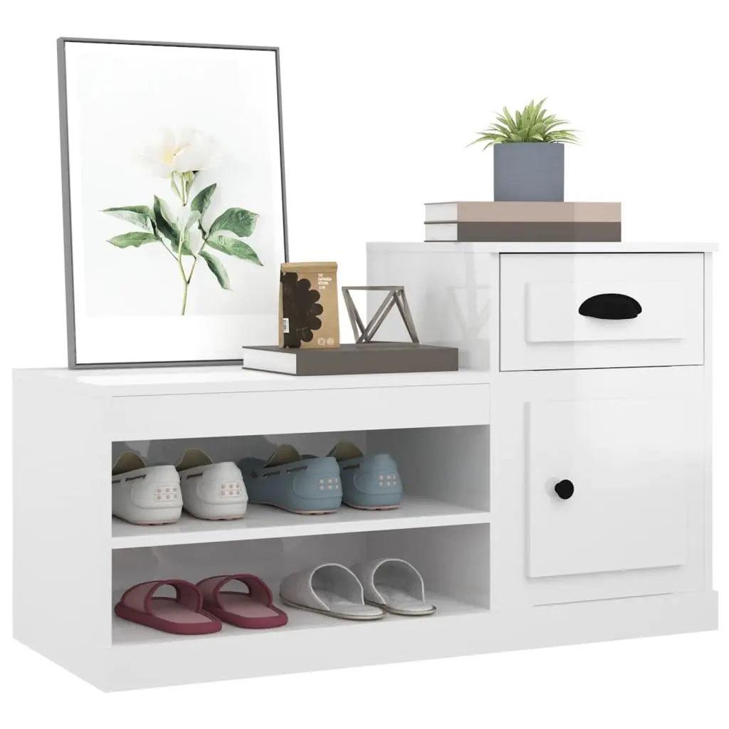Shoe Cabinet White Engineered Wood 100x42x60cm High Gloss Storage Organiser