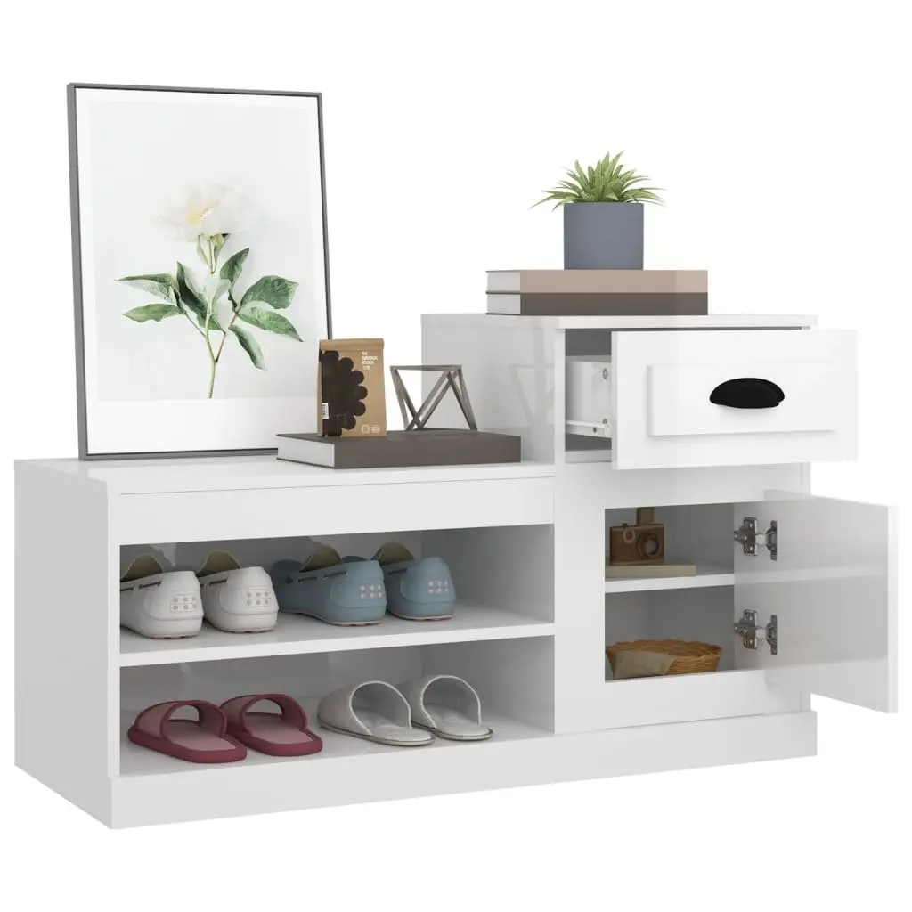 Shoe Cabinet White Engineered Wood 100x42x60cm High Gloss Storage Organiser