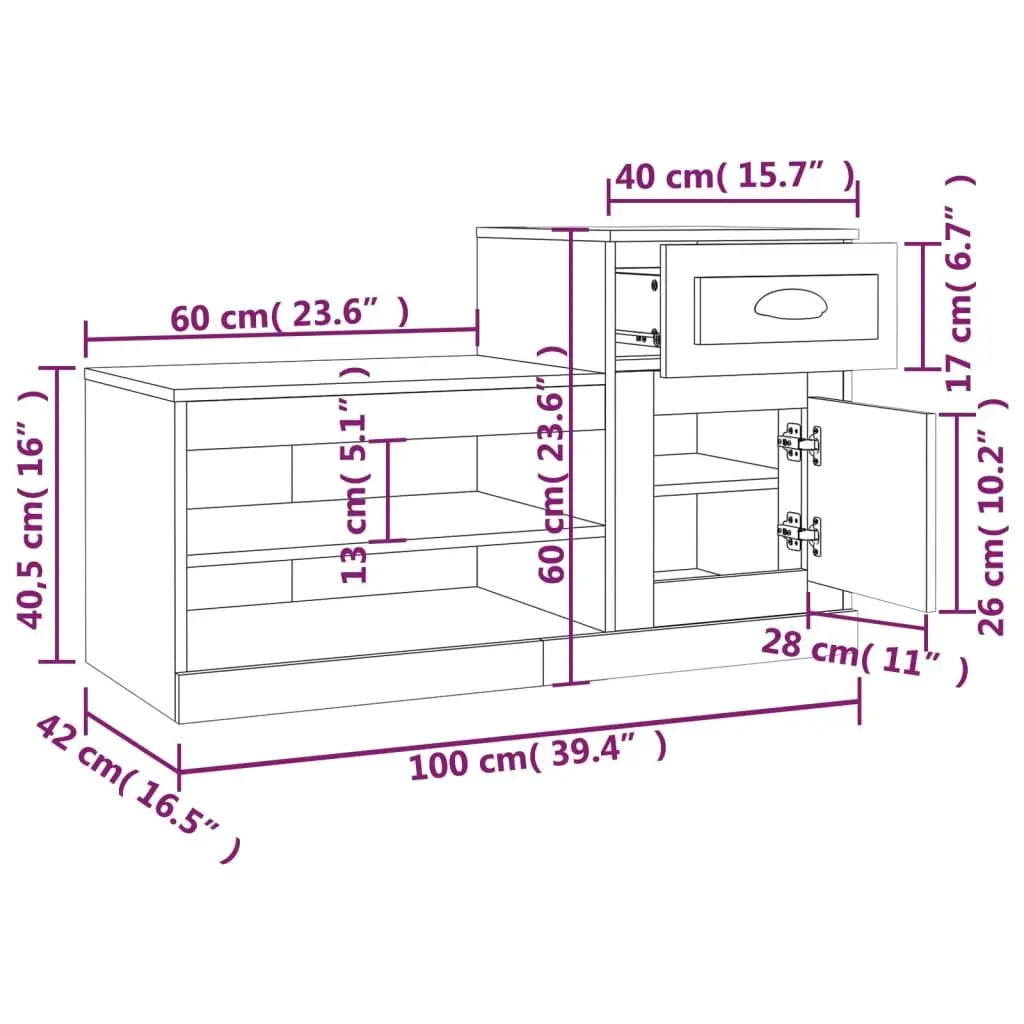 Shoe Cabinet Grey Engineered Wood 100x42x60cm Two-Tier Storage Organiser