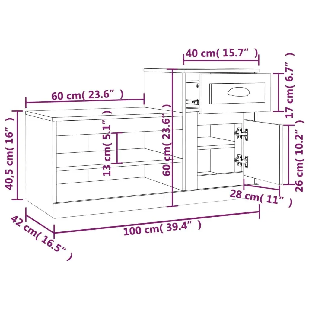 Shoe Cabinet Brown Oak Engineered Wood Two Tier Storage Organiser 100x42x60cm