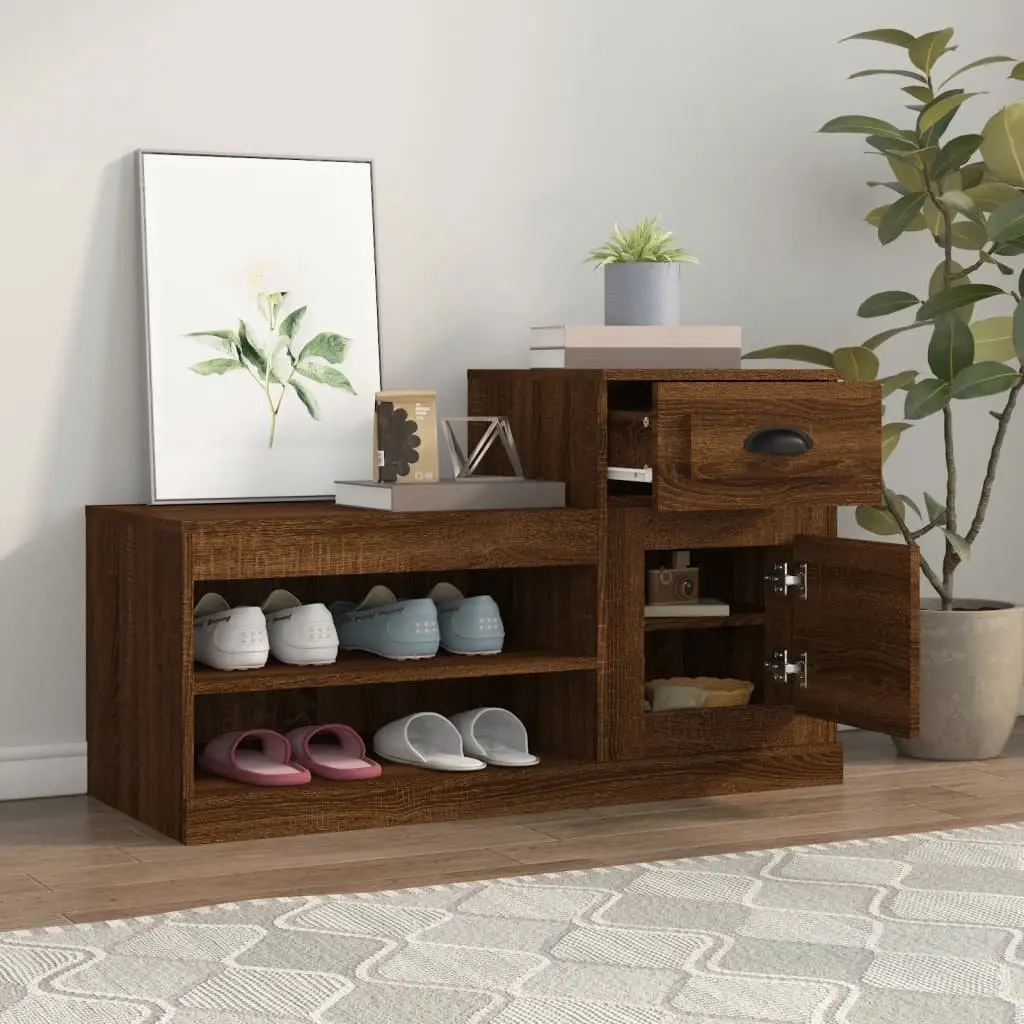 Shoe Cabinet Brown Oak Engineered Wood Two Tier Storage Organiser 100x42x60cm