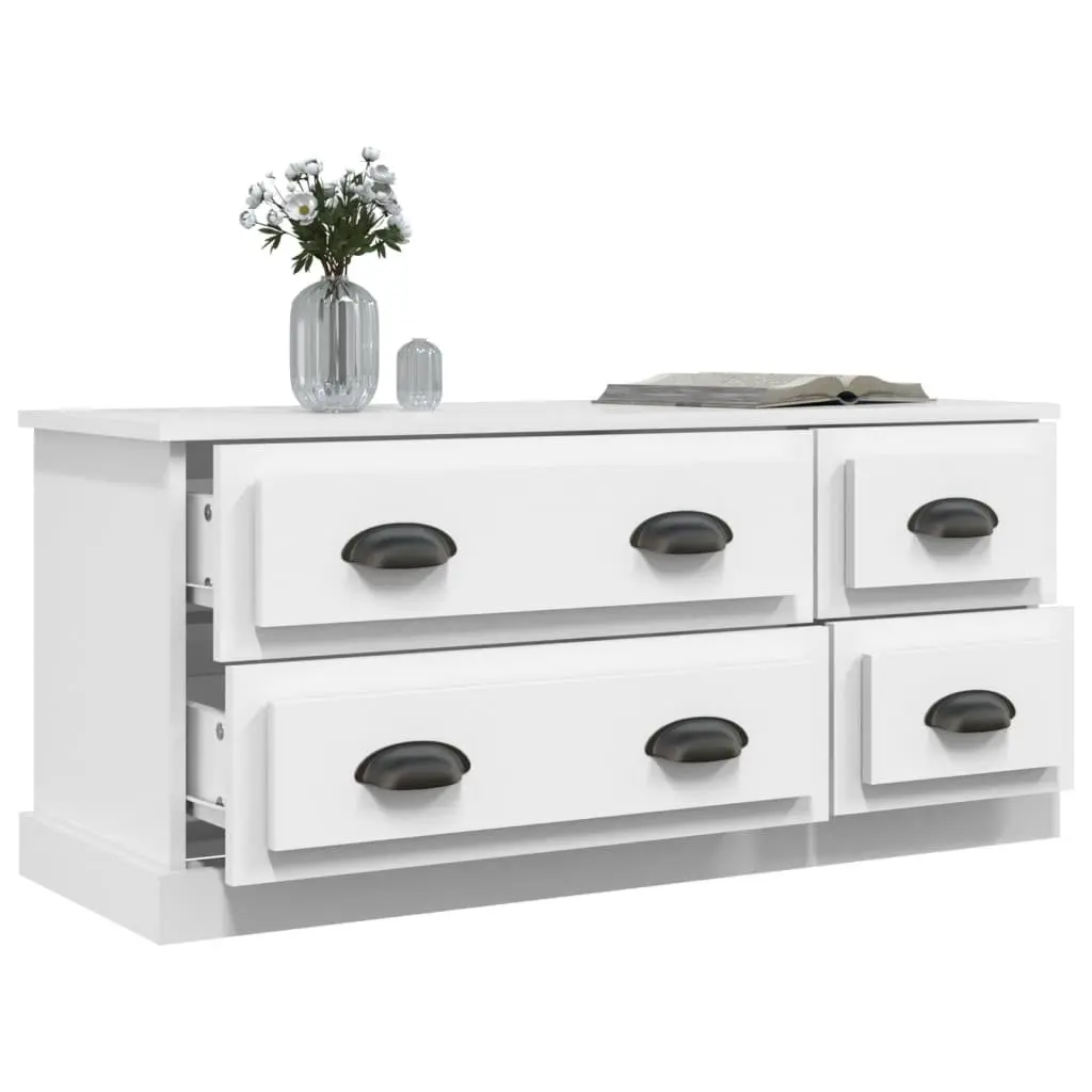 Media Storage Unit White 100x35.5x45cm TV Cabinet with 4 Drawers Engineered Wood for Living Room
