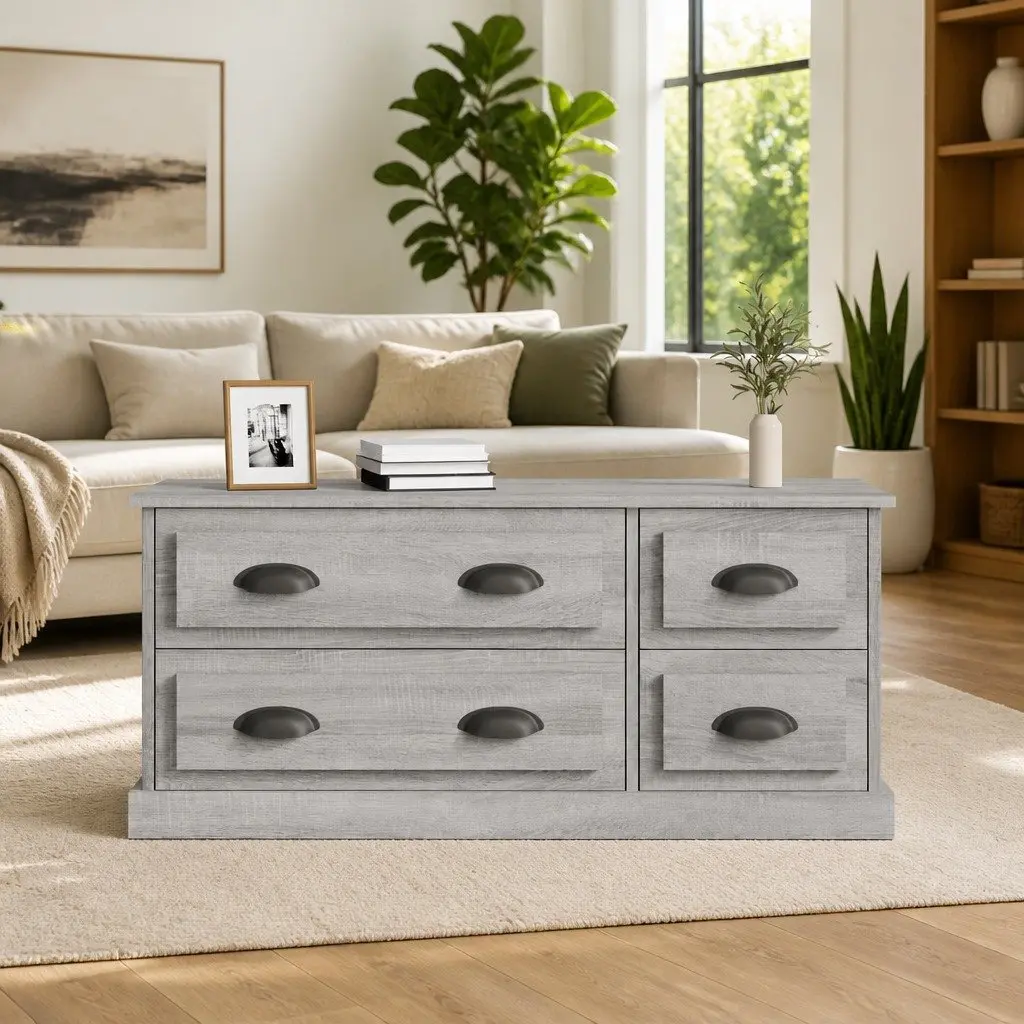 TV Cabinet Grey 100x35.5x45cm Engineered Wood Media Storage Unit with 4 Drawers