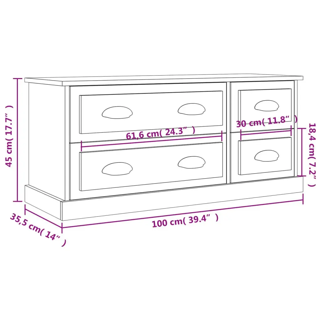 TV Cabinet Grey 100x35.5x45cm Engineered Wood Media Storage Unit with 4 Drawers