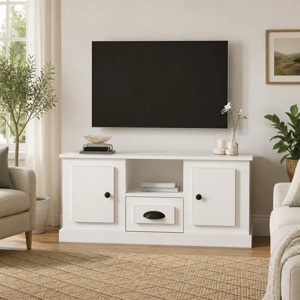 TV Cabinet White Engineered Wood Storage Unit Living Room Furniture Stand Decor