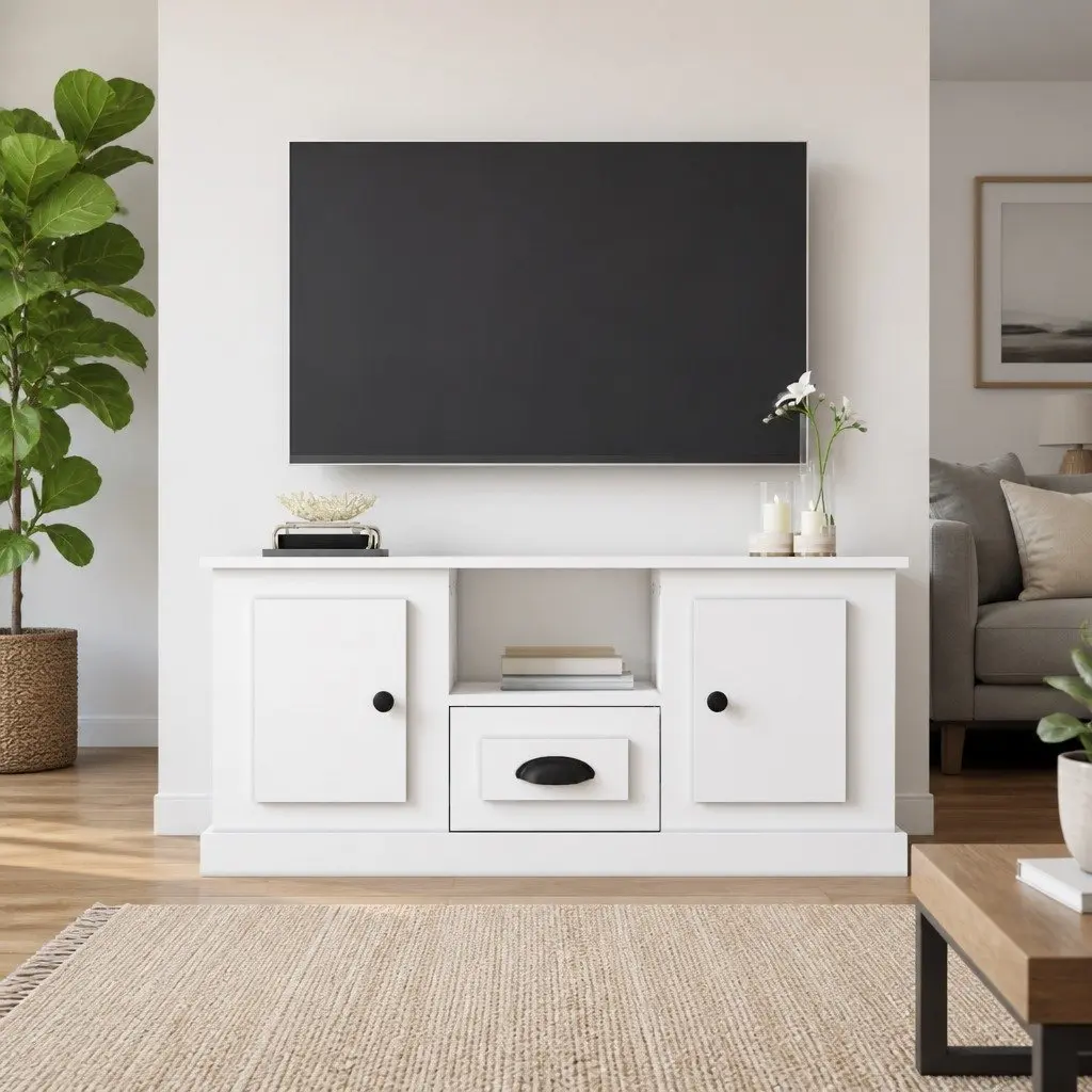TV Cabinet White High Gloss Engineered Wood Modern Living Room Storage Unit