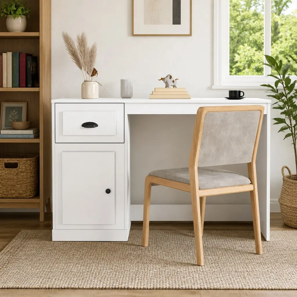 White Desk 115x50x75cm with Drawer Storage Compartment for Study Office Workspace