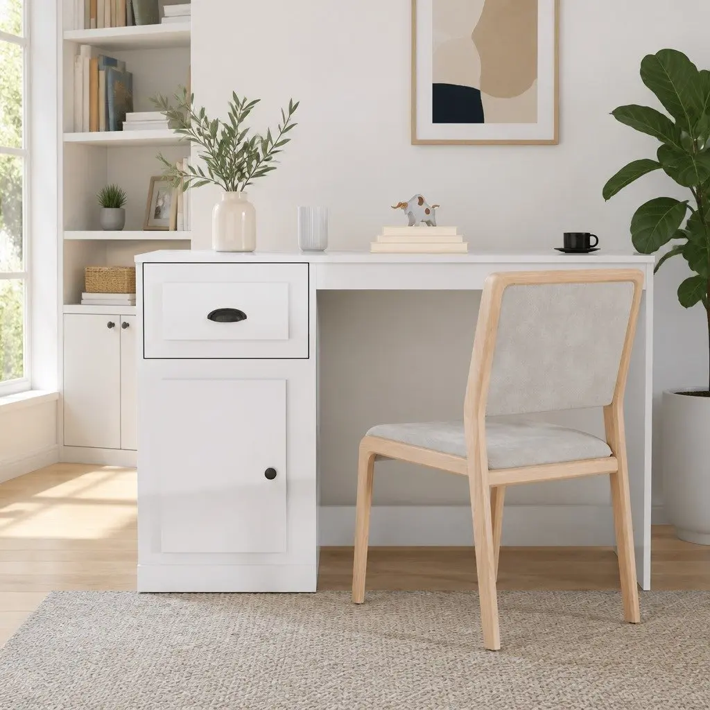 White High Gloss Desk Engineered Wood Office Study Table with Drawer and Storage Compartment