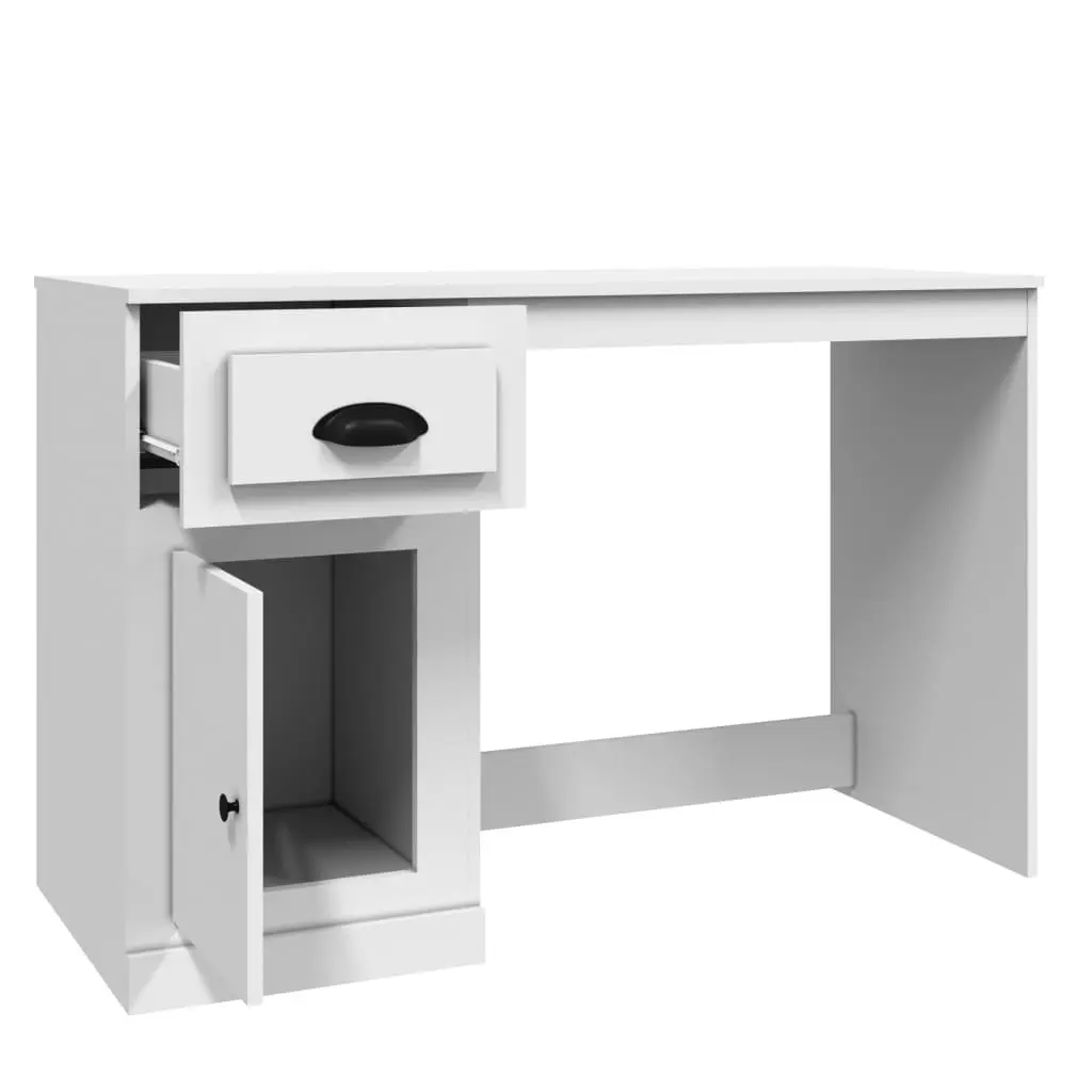 White High Gloss Desk Engineered Wood Office Study Table with Drawer and Storage Compartment