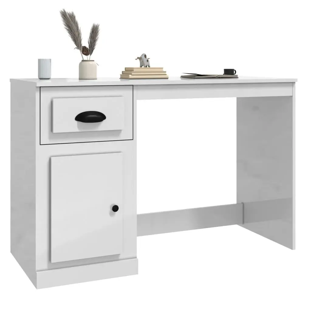 White High Gloss Desk Engineered Wood Office Study Table with Drawer and Storage Compartment