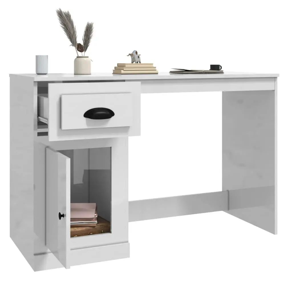 White High Gloss Desk Engineered Wood Office Study Table with Drawer and Storage Compartment