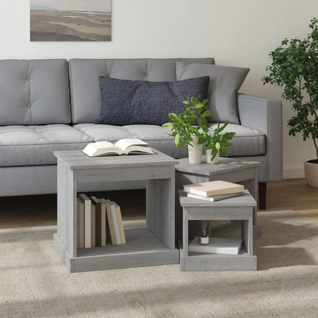 Coffee Table Set Grey 3 Piece Engineered Wood Nesting Side Tables