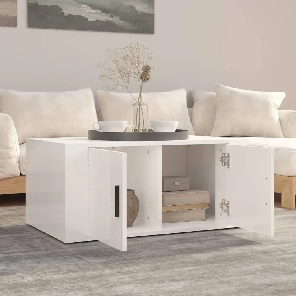 Coffee Table White Engineered Wood 80 x 50 x 36 cm High Gloss Storage with 2 Compartments