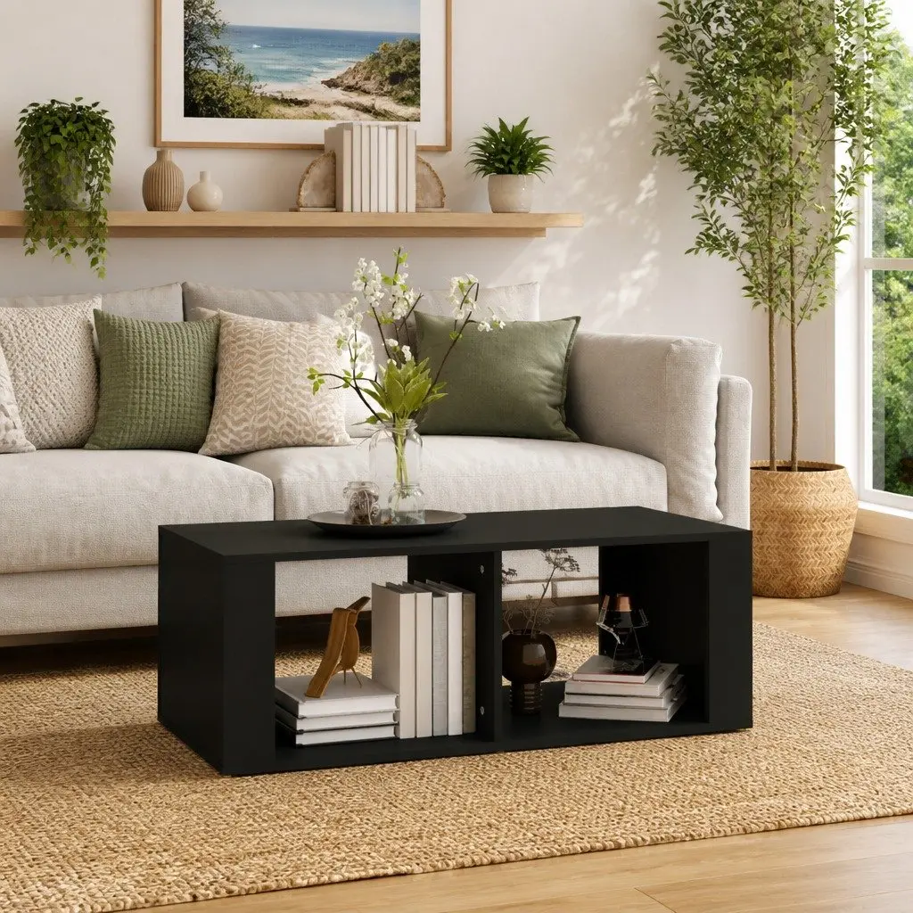 Coffee Table Black 100x50x36cm Modern Storage 2 Shelves