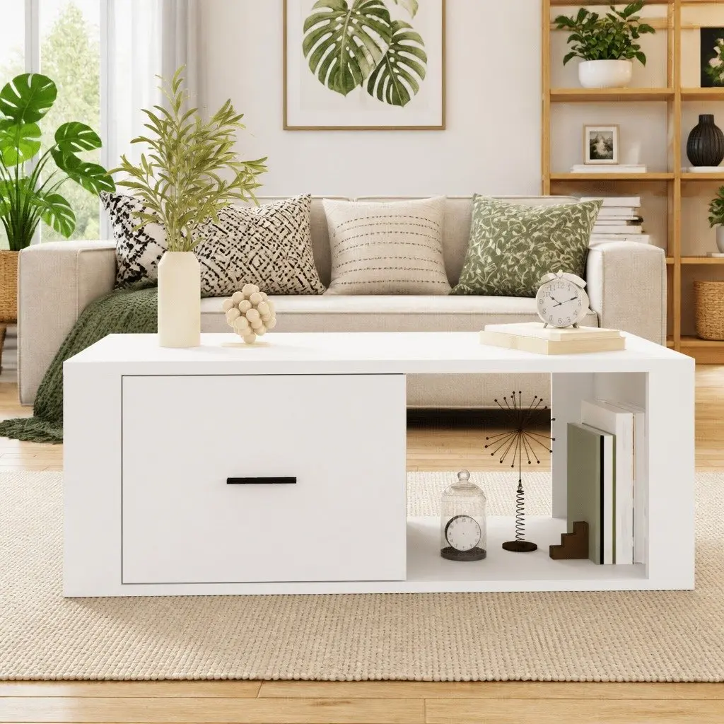 Coffee Table White 100x50.5x35 cm with Drawer and Open Compartment