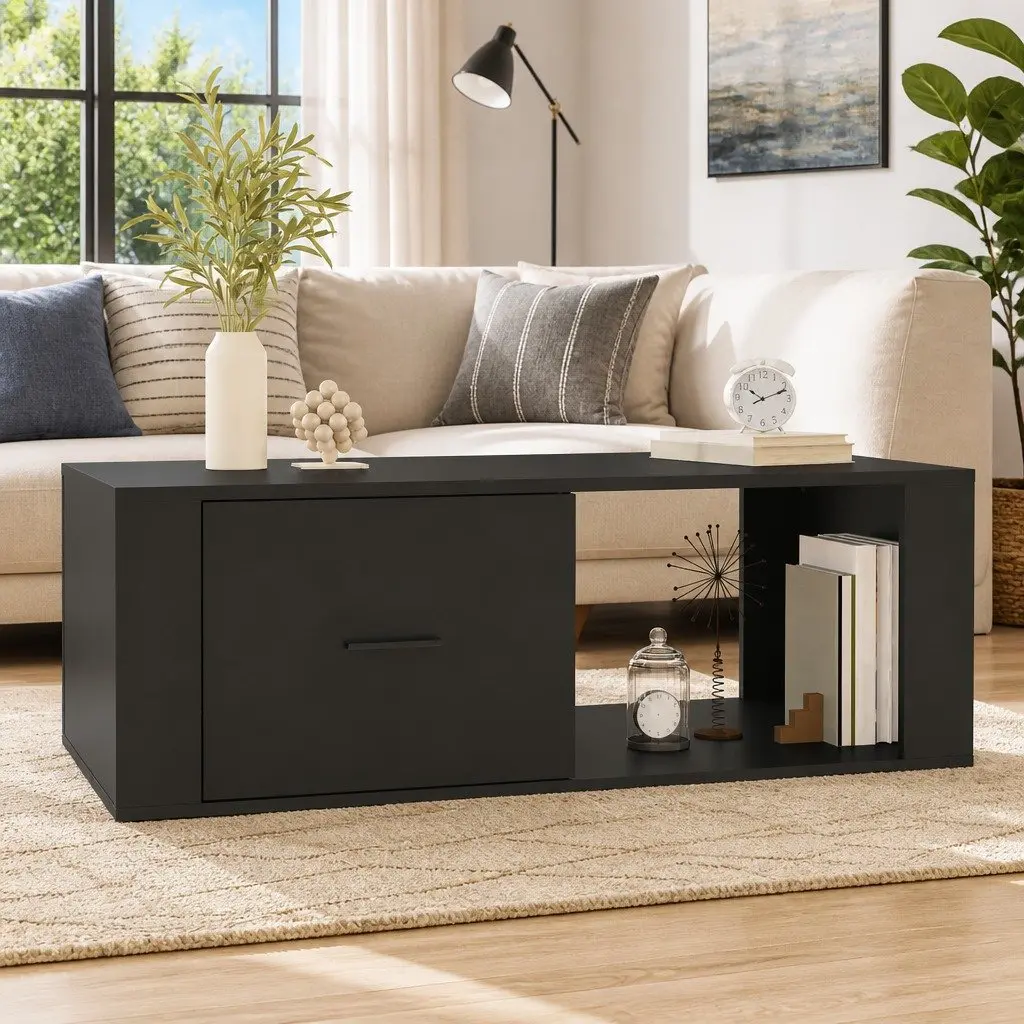 Black Coffee Table with Storage Drawer and Open Compartment Engineered Wood 100x50.5x35cm Living Room Furniture