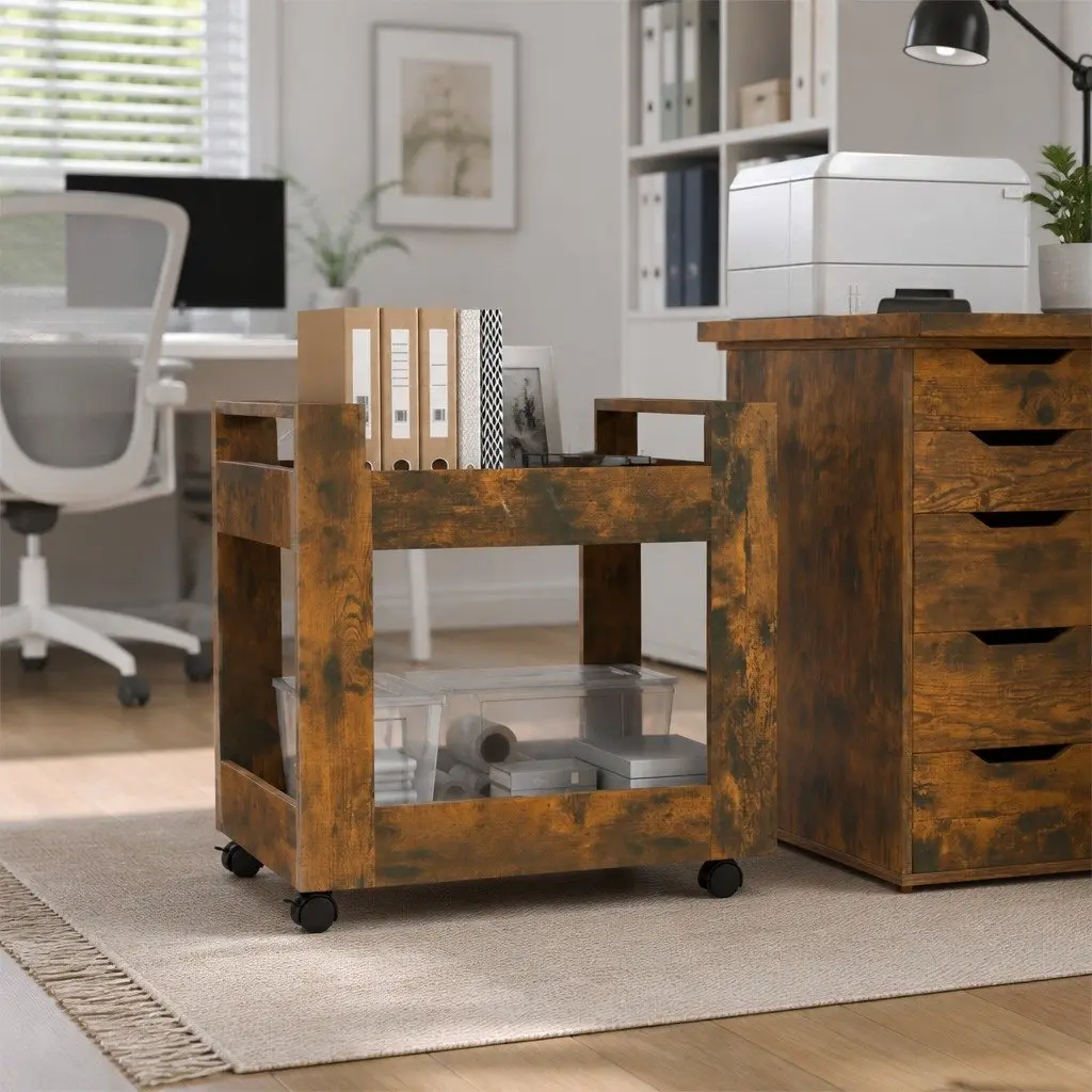 Desk Trolley Brown 60x45x60 cm Open Shelves Mobile Casters
