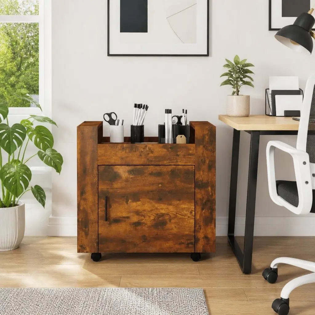 Desk Trolley Brown Engineered Wood Office Storage Unit with Door and Casters