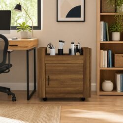 Brown Oak Office Desk Trolley on Wheels