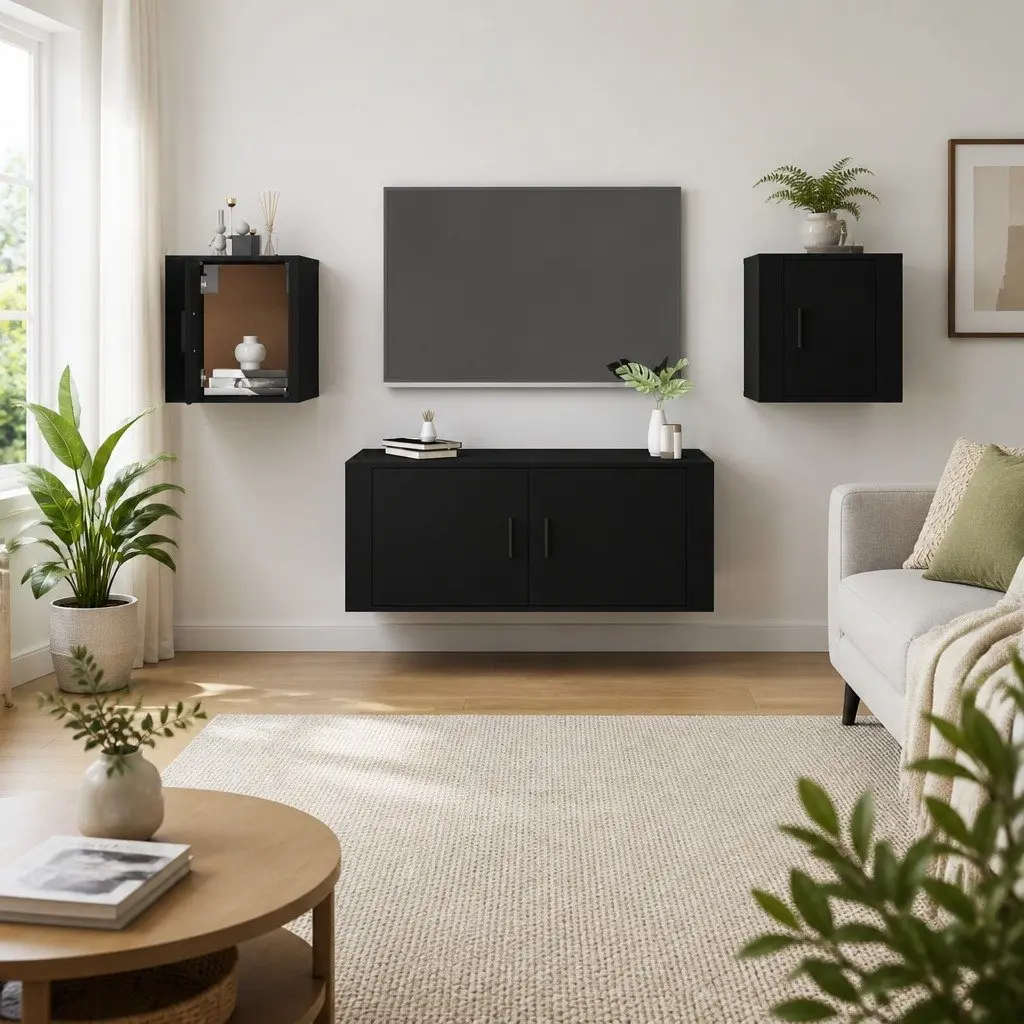 Wall Mounted TV Cabinet Black Storage Unit Media Display Shelves Home Furniture