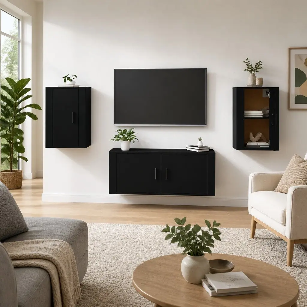 Black Wall Mounted TV Cabinet Storage Unit 2 Piece Media Organiser Display Shelf
