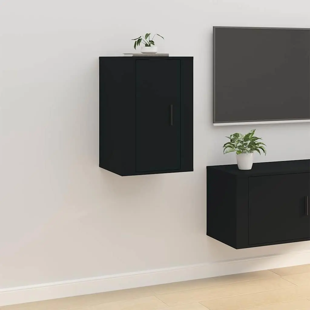 Black Wall Mounted TV Cabinet Storage Unit 2 Piece Media Organiser Display Shelf