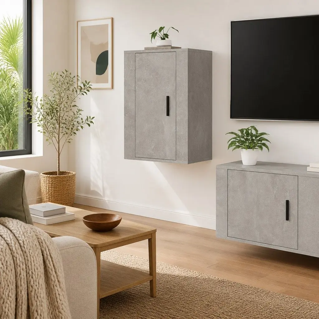 Wall Mounted TV Cabinet Grey Media Storage Unit Floating Shelf Organiser 40 x 34.5 x 60 cm
