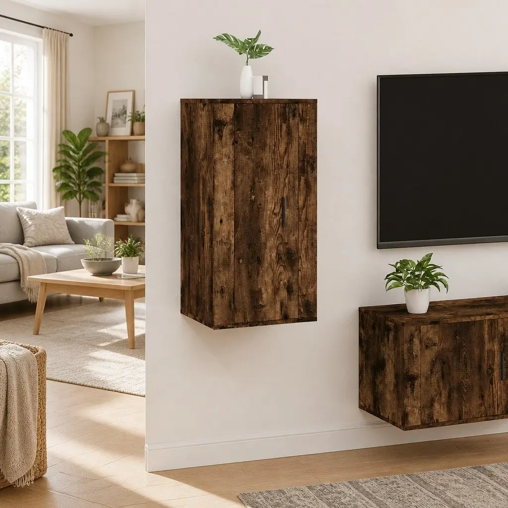 Wall Mounted TV Cabinet Storage Unit Compartments Brown Engineered Wood Media