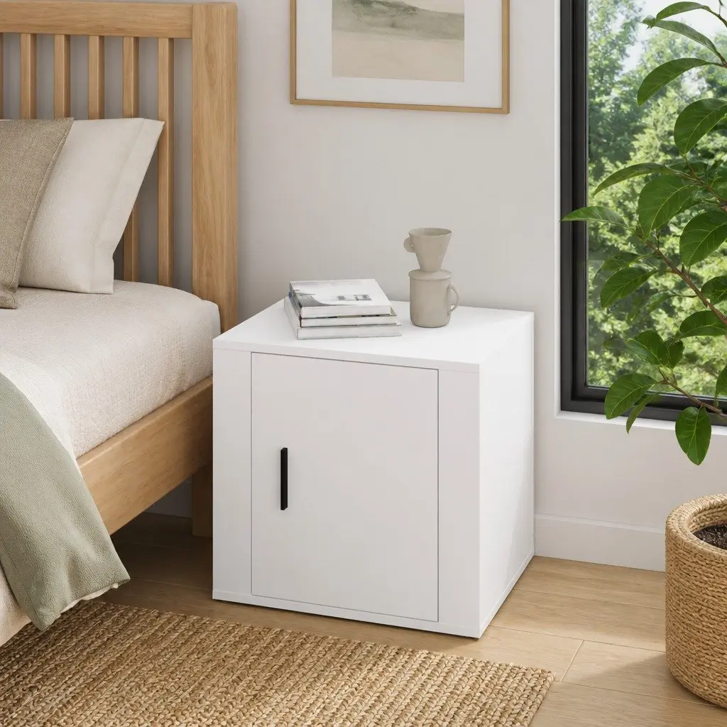 Bedside Cabinet White Engineered Wood Storage Organiser with Top Surface