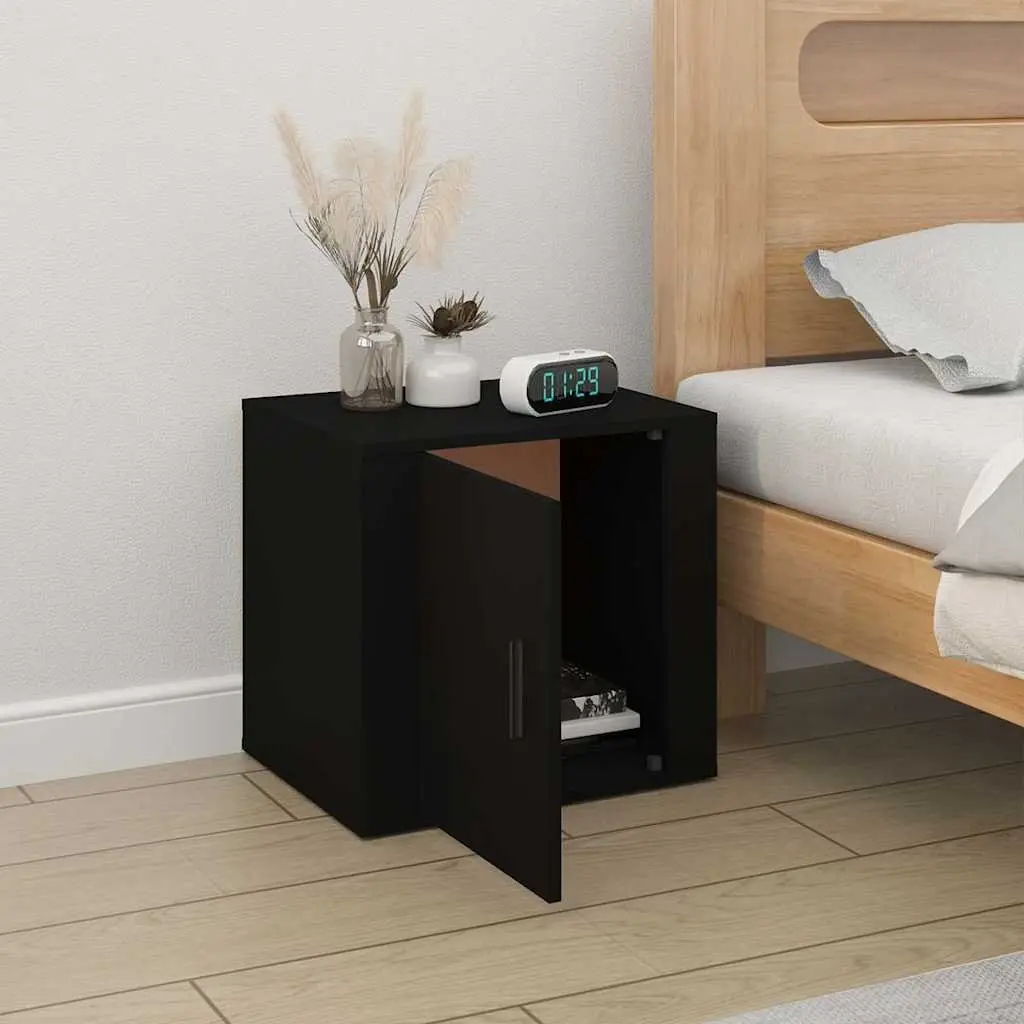 Bedside Table Black Engineered Wood Storage Organizer Stable Top Surface