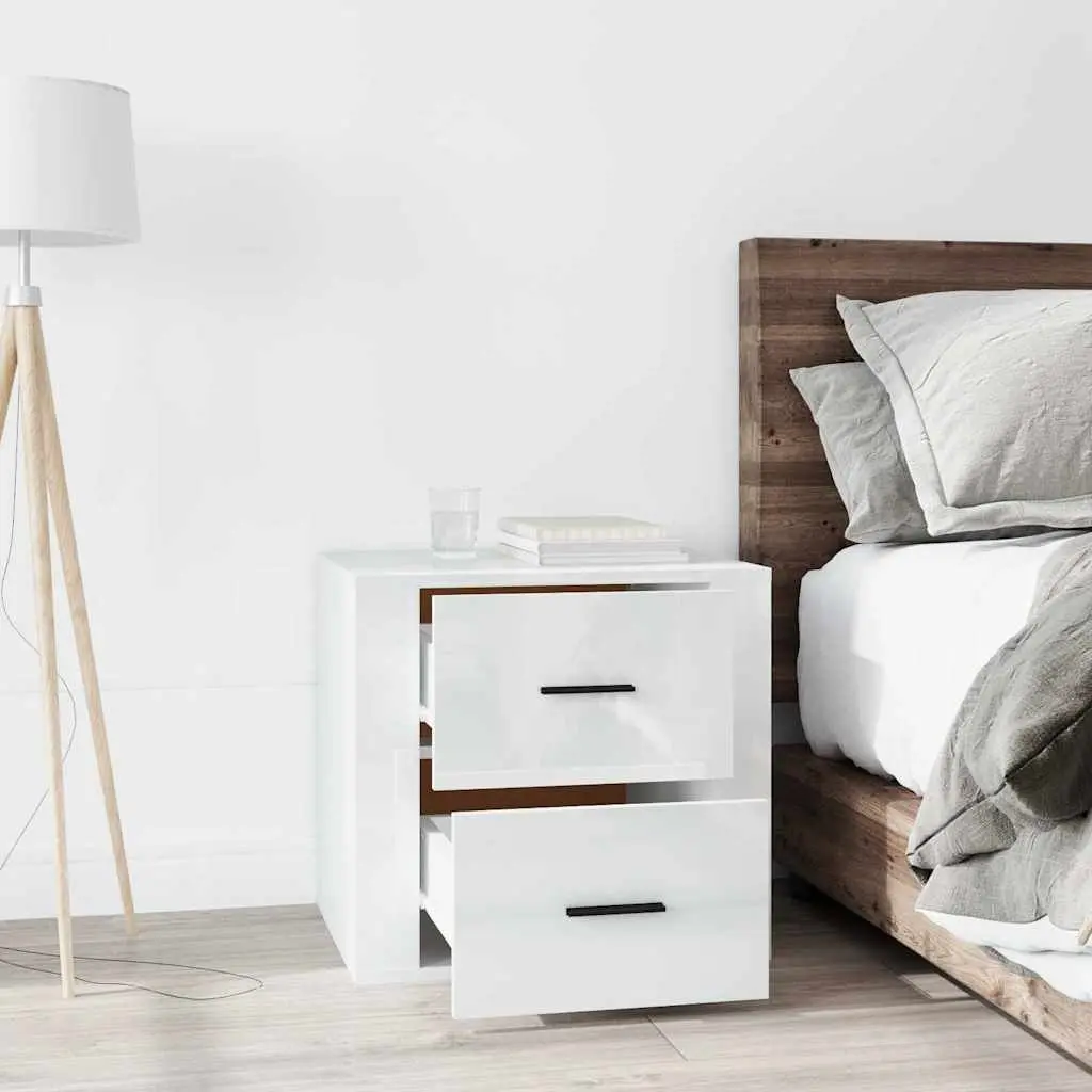 Bedside Table High Gloss White Engineered Wood Storage Nightstand