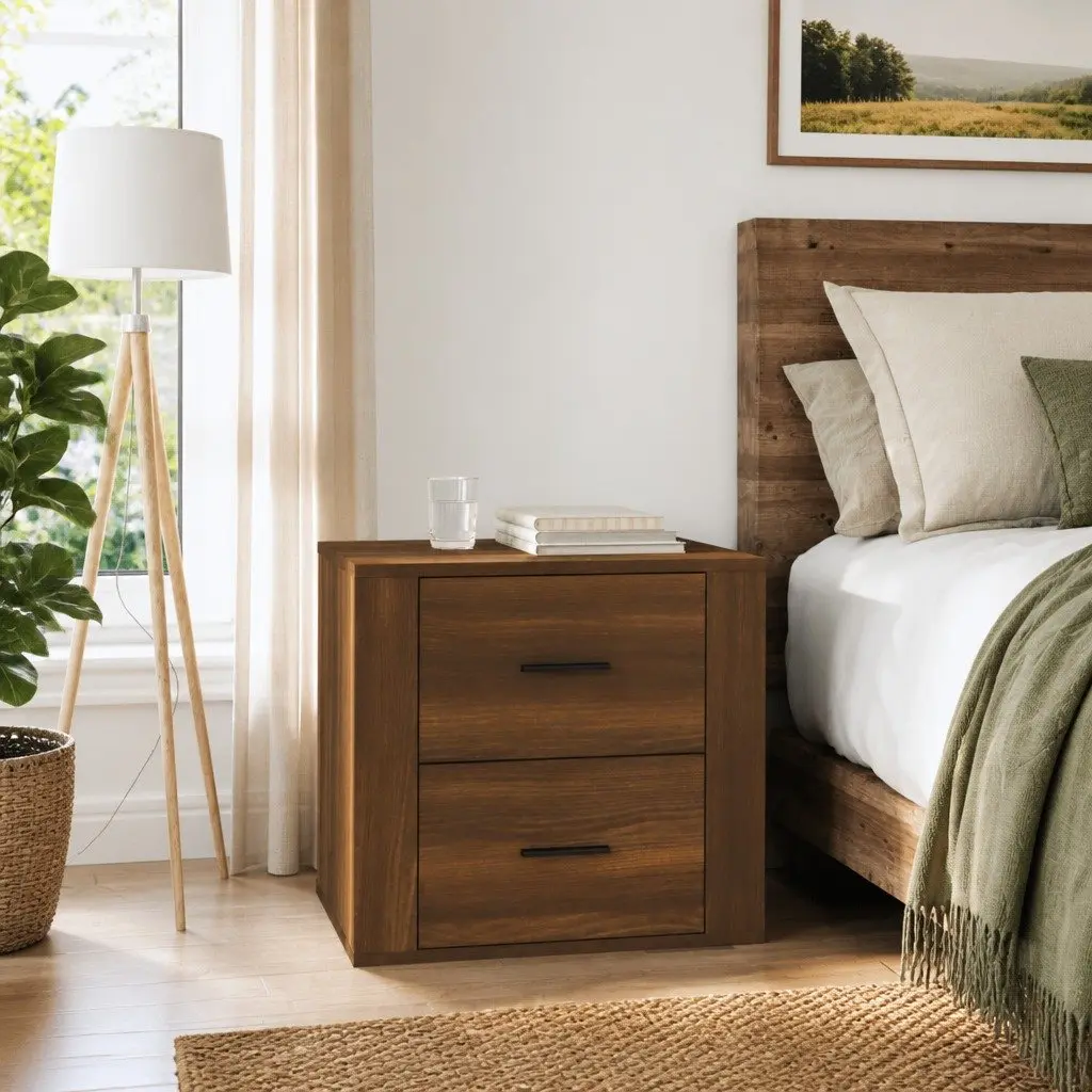 Bedside Table Brown Oak Engineered Wood Storage Compartment Smooth Finish