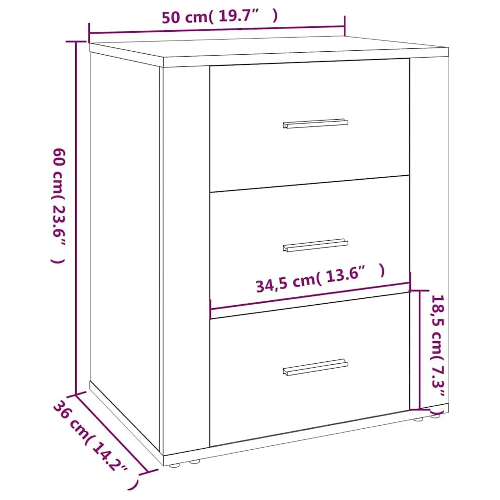 Bedside Cabinet White High Gloss 50x36x60cm 3 Drawer Nightstand Storage Table