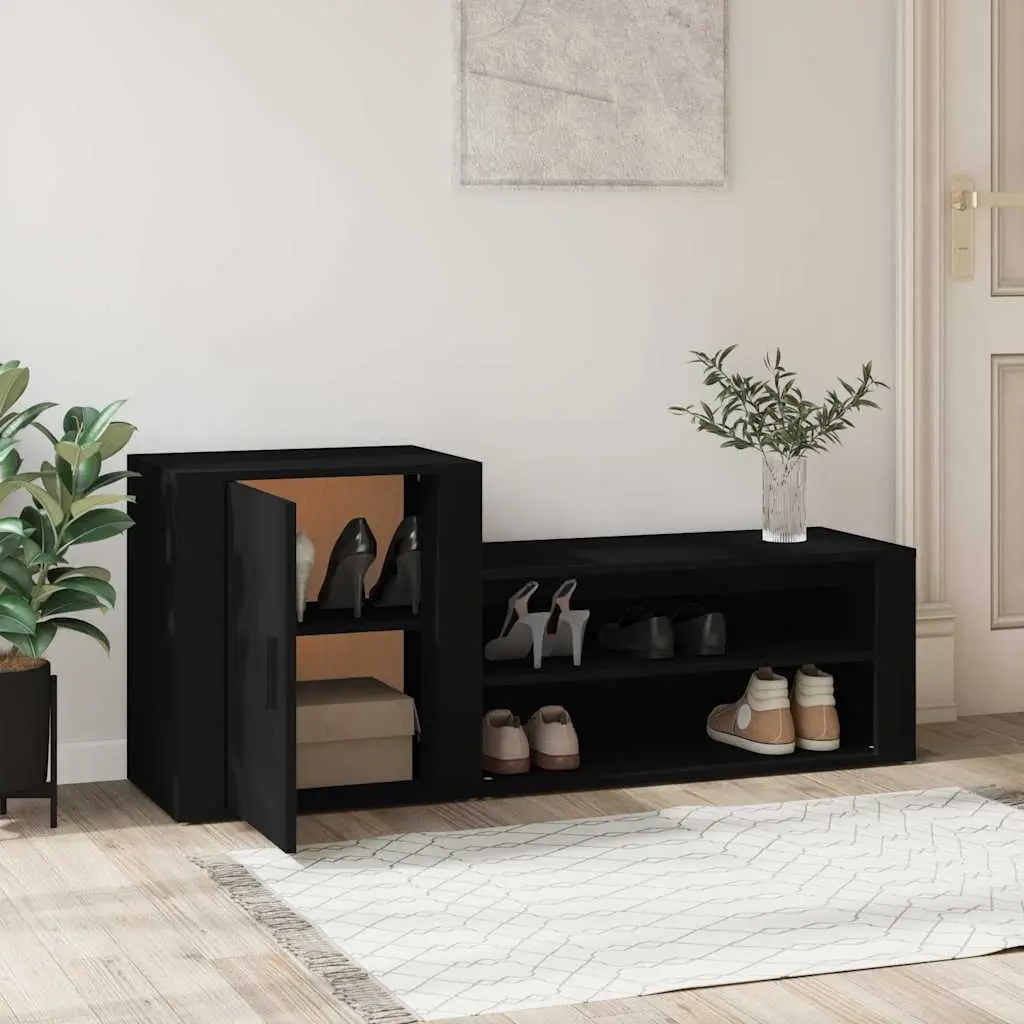 Shoe Cabinet Black Engineered Wood 2 Compartments Left Hinged Door