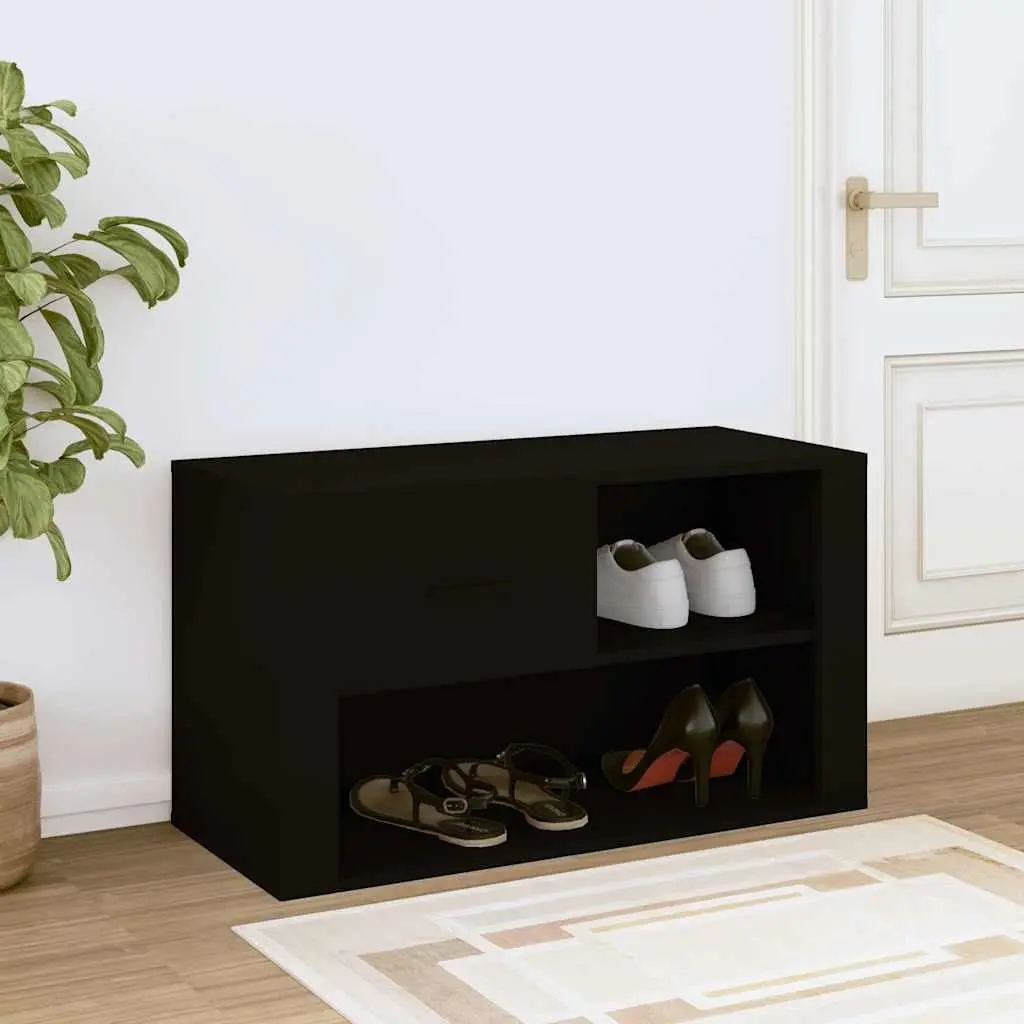 Shoe Cabinet Black Engineered Wood Storage Organiser 2 Compartments Hallway