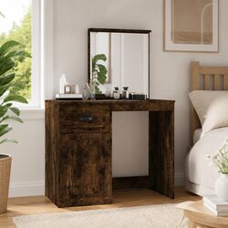 Brown Vanity Makeup Desk with Integrated Mirror