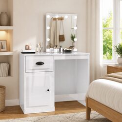 Dressing Table with LED Mirror White High Gloss Vanity Makeup Desk Bedroom