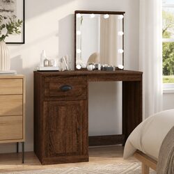 Compact Brown Oak Dressing Table with LED Mirror