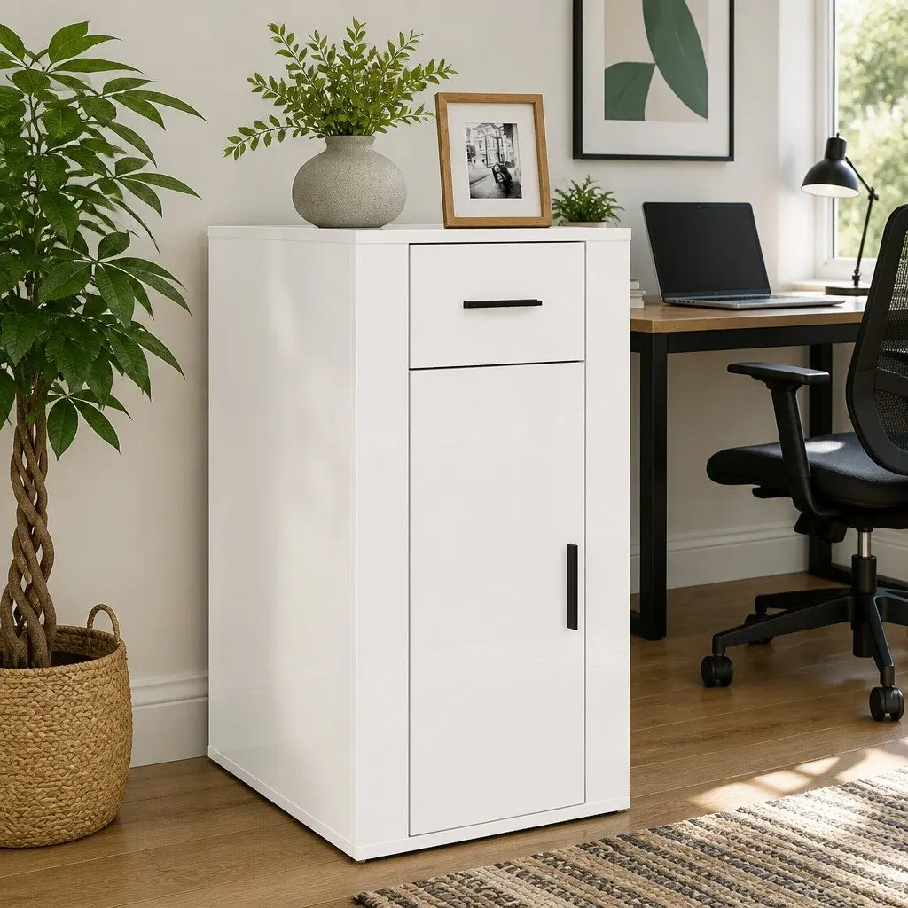 Desk Cabinet High Gloss White Office Storage Unit 1 Drawer 1 Door 40x49x75cm