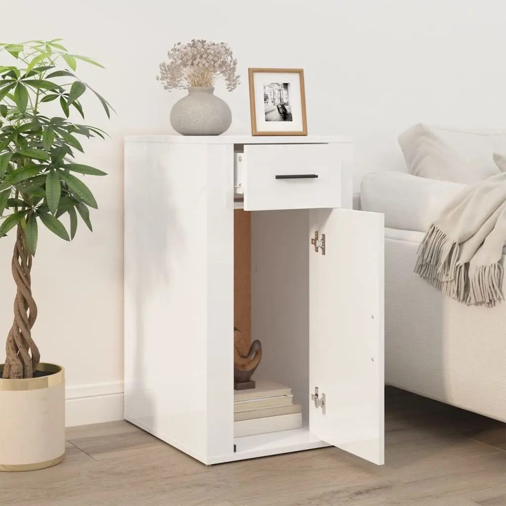 Desk Cabinet White 40x49x75cm High Gloss 1 Drawer 1 Door