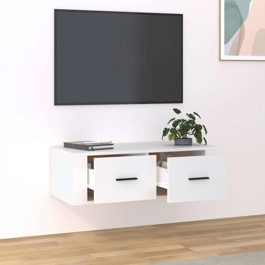 Hanging TV Cabinet White Wall-Mounted Media Storage Unit Engineered Wood Drawers
