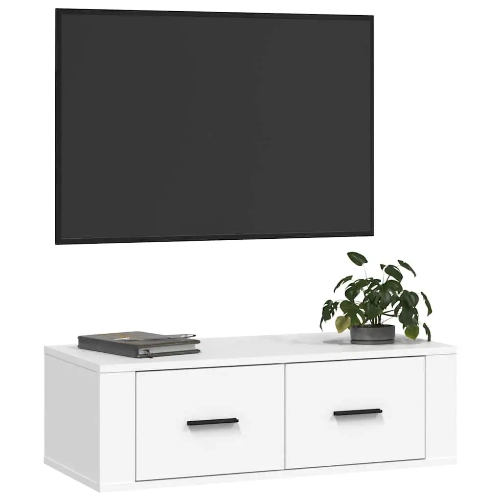 Hanging TV Cabinet White Wall-Mounted Media Storage Unit Engineered Wood Drawers