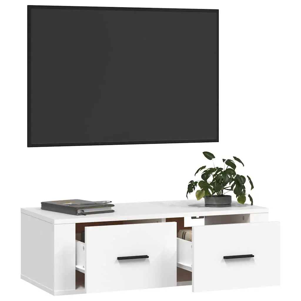 Hanging TV Cabinet White Wall-Mounted Media Storage Unit Engineered Wood Drawers